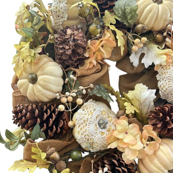 Rustic Fall Wreath With Pumpkins Pinecones & Burlap Ribbon 22" - Picture 3 of 5